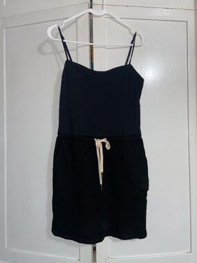 Black Spaghetti-Strap Casual Dress with Drawstring Waist